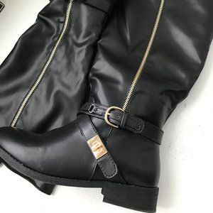 Black Wide-Calf Knee Boots w/ Gold Accents